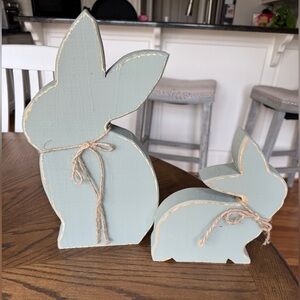 Set of 2 Rustic Wooden Bunny Figures - Sage Green